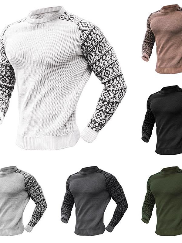 外贸2023秋冬新款拼色华夫格男大码宽松套头长袖T恤Men knitwear