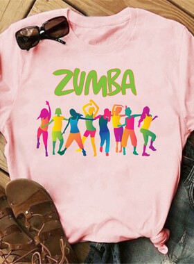 尊巴舞蹈水彩印花女士粉色T恤时尚女装嘻哈原宿街头短袖ins超火