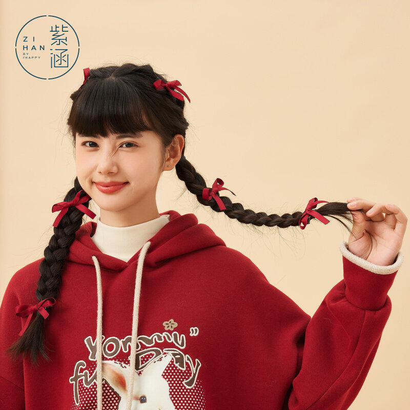 紫涵小白兔印花纯棉卫衣女2023年冬季新款甜美学院风套头连帽上衣