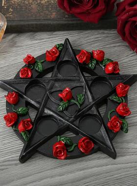 复古烛台摆件五芒星烛台塔罗装饰品五芒星烛盘茶烛底座树脂工艺品