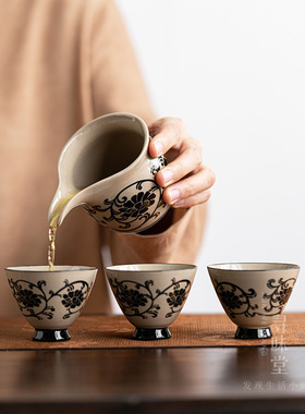 民窑雕花盖碗整套茶具复古风磁州D窑青灰釉陶瓷中式功夫礼盒套装