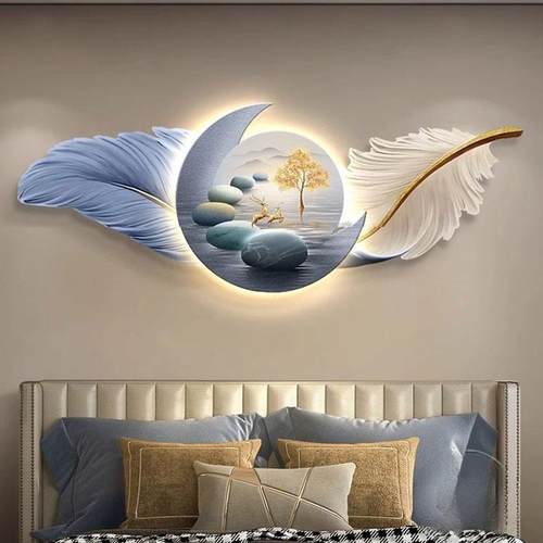 网红壁灯羽天鹅画床头画室装饰轻高奢感厅级毛卧客U挂画主卧灯光