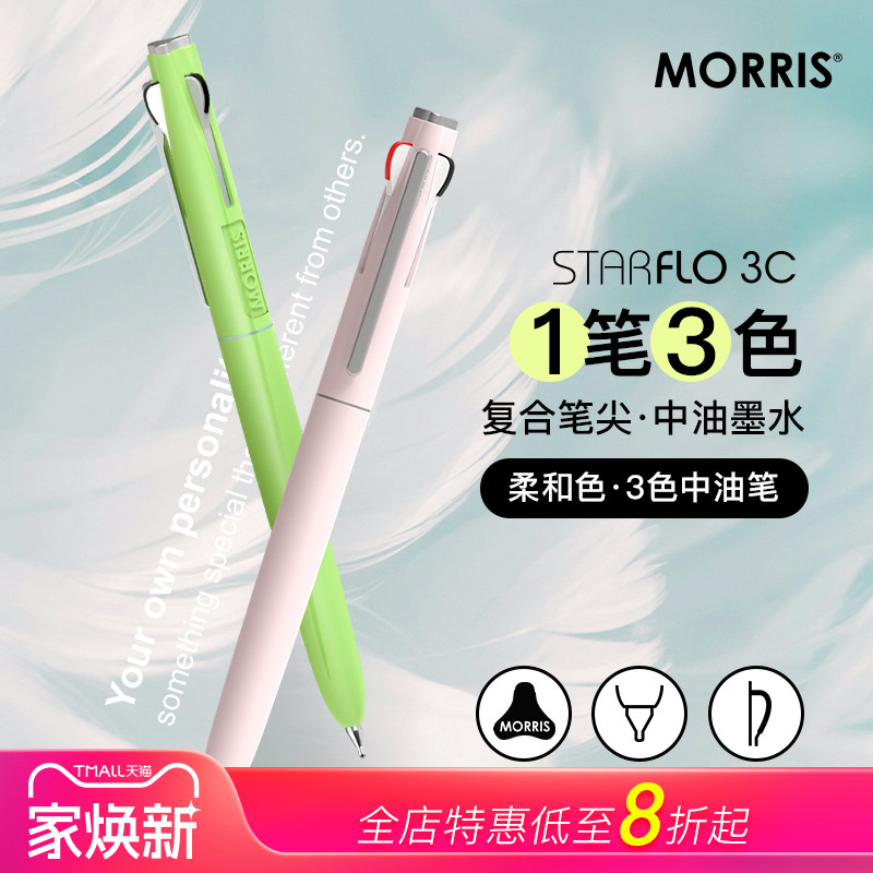 韩国MORRIS按动三色柔色杆中油笔