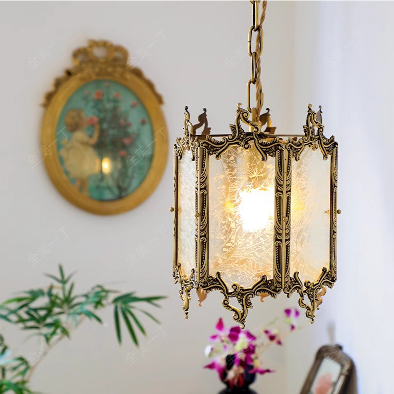 美式复古全铜冰花玻璃小吊灯法式中古vintage床头阳台过道玄关灯