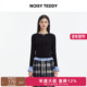 时尚 NOISY 复古高级感格纹女士拼接圆领长袖 T恤衫 TEDDY25秋季 新款