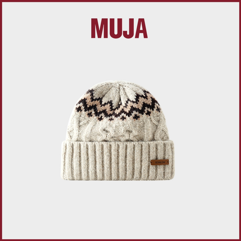 MUJA羊毛混纺毛线帽女冬季安哥拉红色大帽围显脸小麻花针织帽