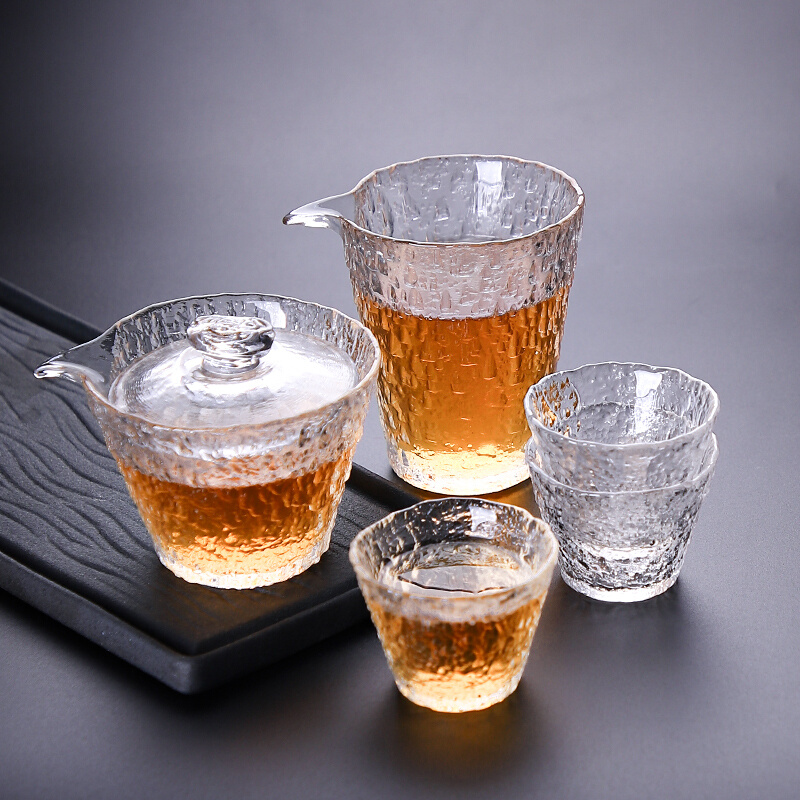 日式玻璃茶具套装家用简约功夫茶杯客厅泡茶盖碗冰露锤纹加厚耐热
