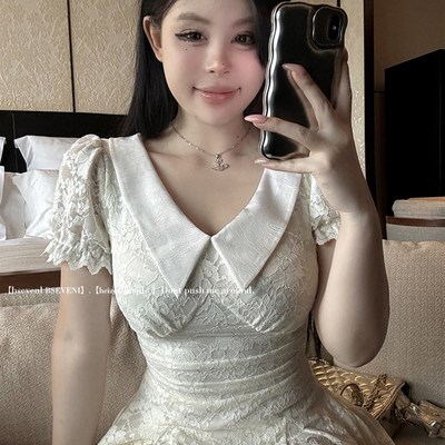 黑泽玄七连衣裙2024夏季新x款v领微胖显瘦收腰小众气质蕾丝短裙女