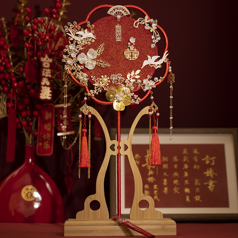 结婚新娘团扇diy材料包手工喜扇古风红色成品中式婚礼秀禾手持扇图片