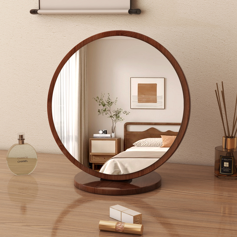 简约实木化妆镜家用桌面大号复古梳妆镜办公室小型可便携台式镜子
