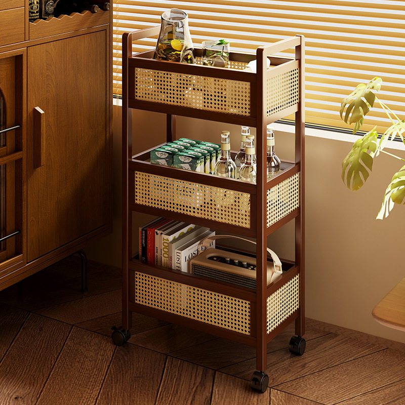 家用复古小推车带轮多层置物架木质藤编多层收纳架移动储物架,住宅家具,书架,淘宝优惠券,粉丝福利购,淘宝优惠卷