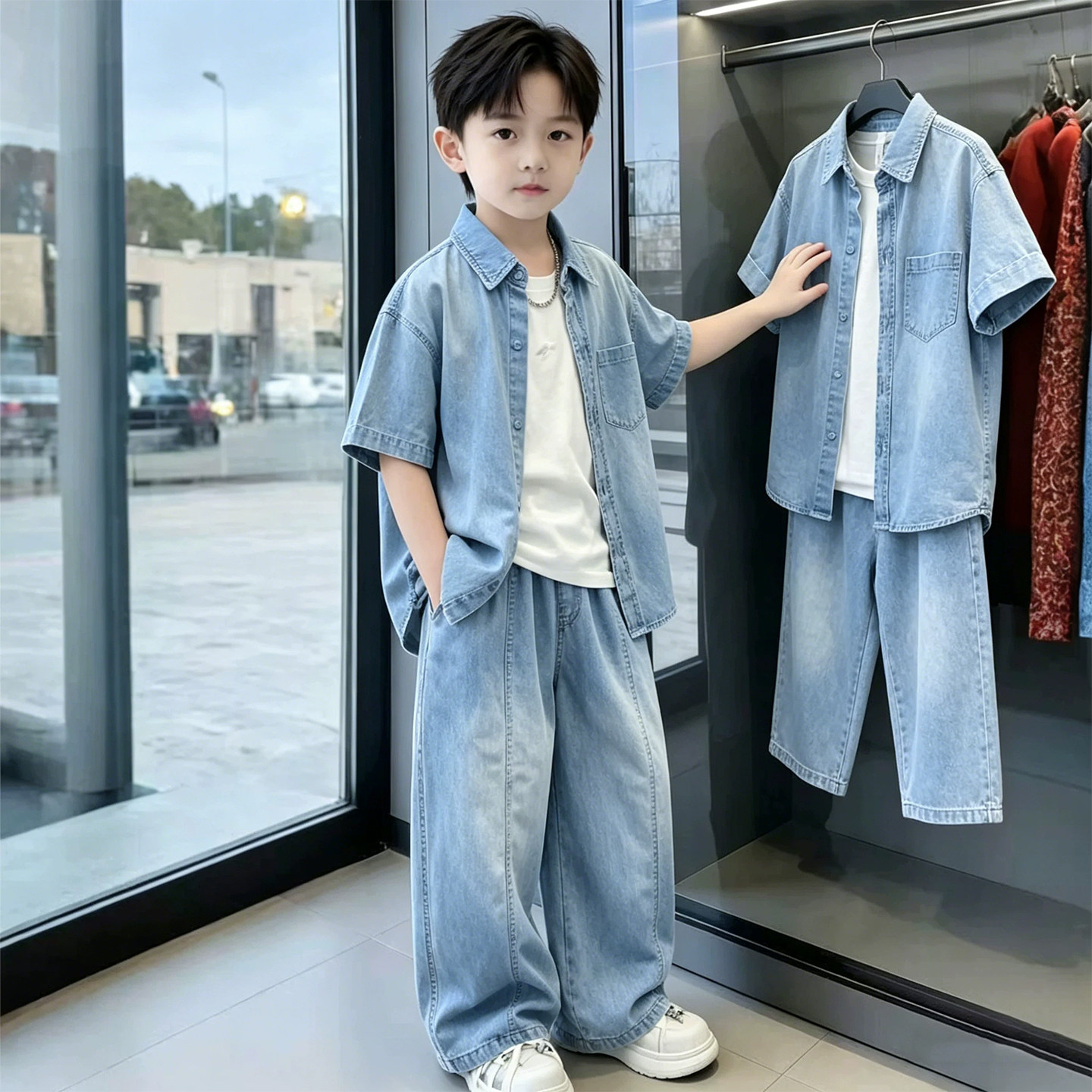 左西官方旗舰店童装男童夏装牛仔套装2026新款夏季夏款薄款短袖运