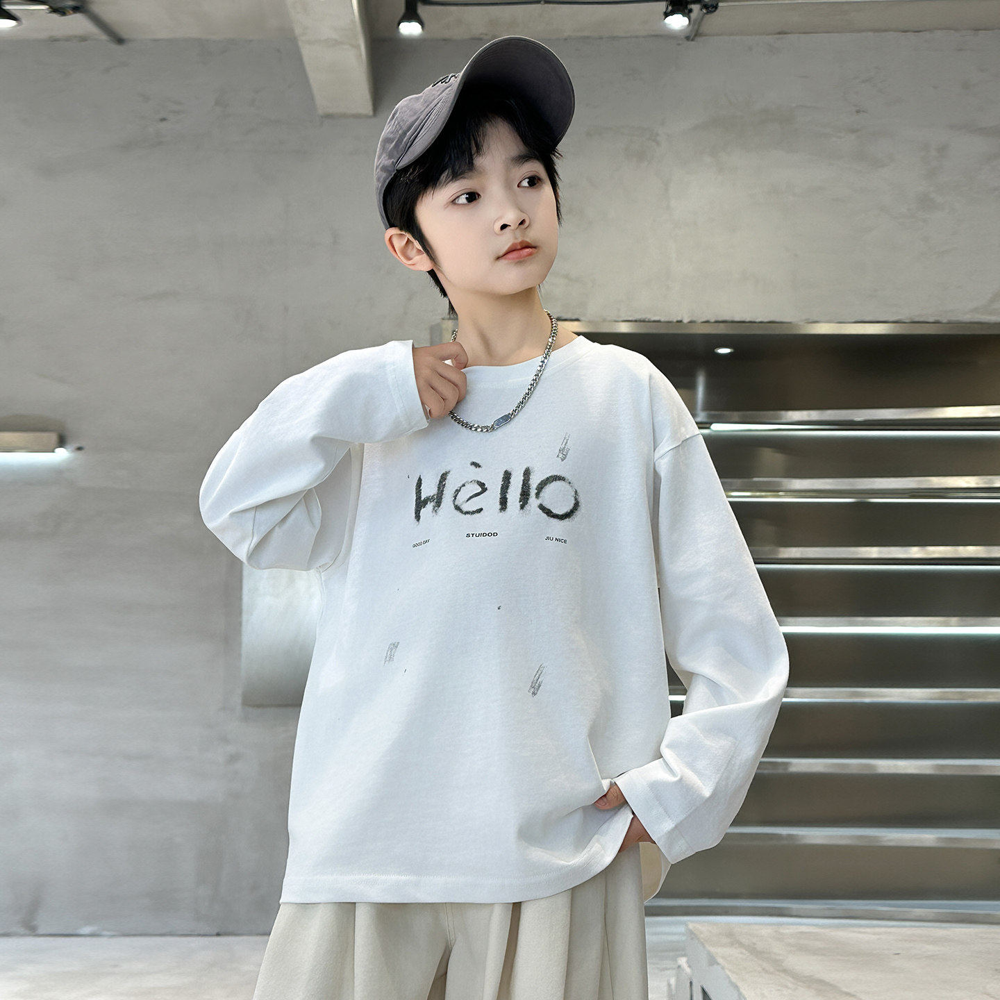 左西风云儿童男童春秋款长袖白色T恤2026新款春装打底衫纯棉内搭