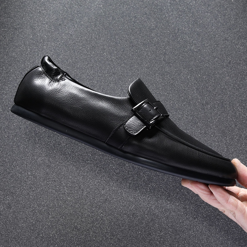休闲真皮鞋男款2026新款春夏季薄款透气全黑公务通勤鞋一脚蹬鞋子