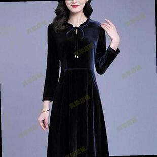 金丝绒连衣裙女长袖气质显瘦A字打底裙黑色优雅秋冬季百搭大码