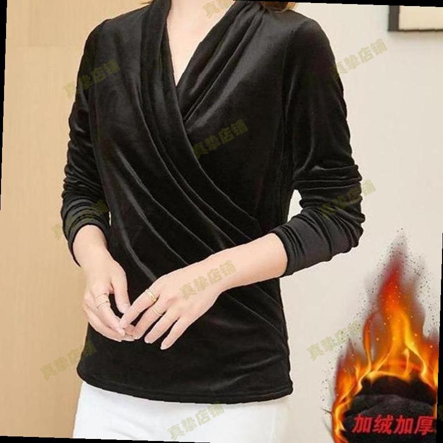 黑色V领金丝绒长袖T恤女加绒加厚修身收腰褶皱上衣保暖妈妈打底衫