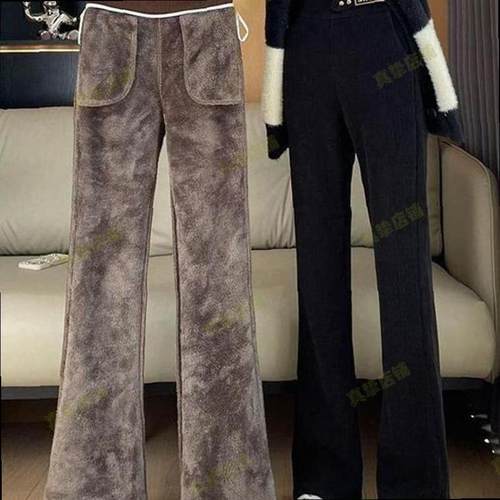 雪尼尔特厚羊羔绒女大码200斤冬季加绒加厚阔腿显瘦休闲喇叭裤子