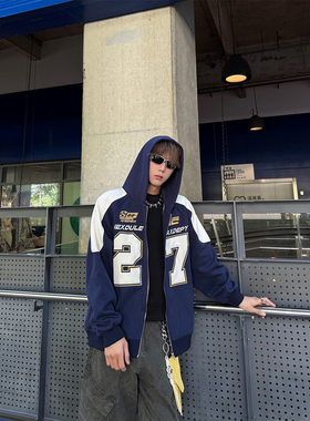 ClothesTrader 撞色贴皮刺绣连帽开衫卫衣男秋冬宽松时髦外套潮