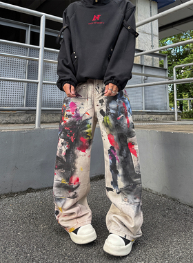 ClothesTrader 美式复古做旧涂鸦印花牛仔裤男宽松直筒阔腿裤潮