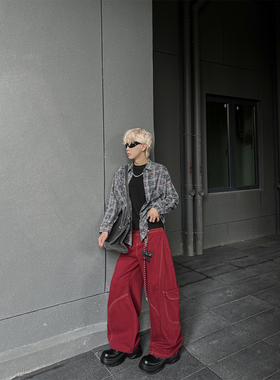 ClothesTrader美式红色阔腿牛仔裤男女解构弯刀裤宽松直筒休闲裤