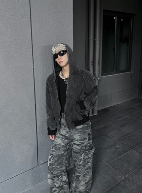 ClothesTrader美式复古水洗做旧连帽卫衣男女宽松百搭拉链外套