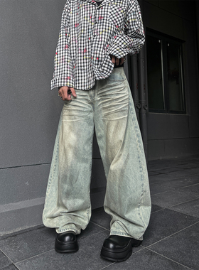 ClothesTrader复古做旧压褶猫须弯刀牛仔裤男宽松休闲阔腿长裤潮