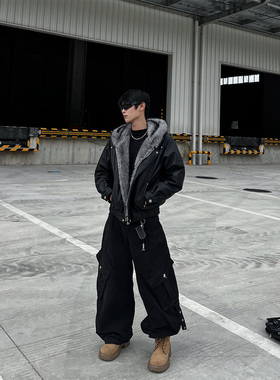 CLOTHESTRADER美式重磅座山雕加绒皮衣连帽毛领棉服短宽外套男女