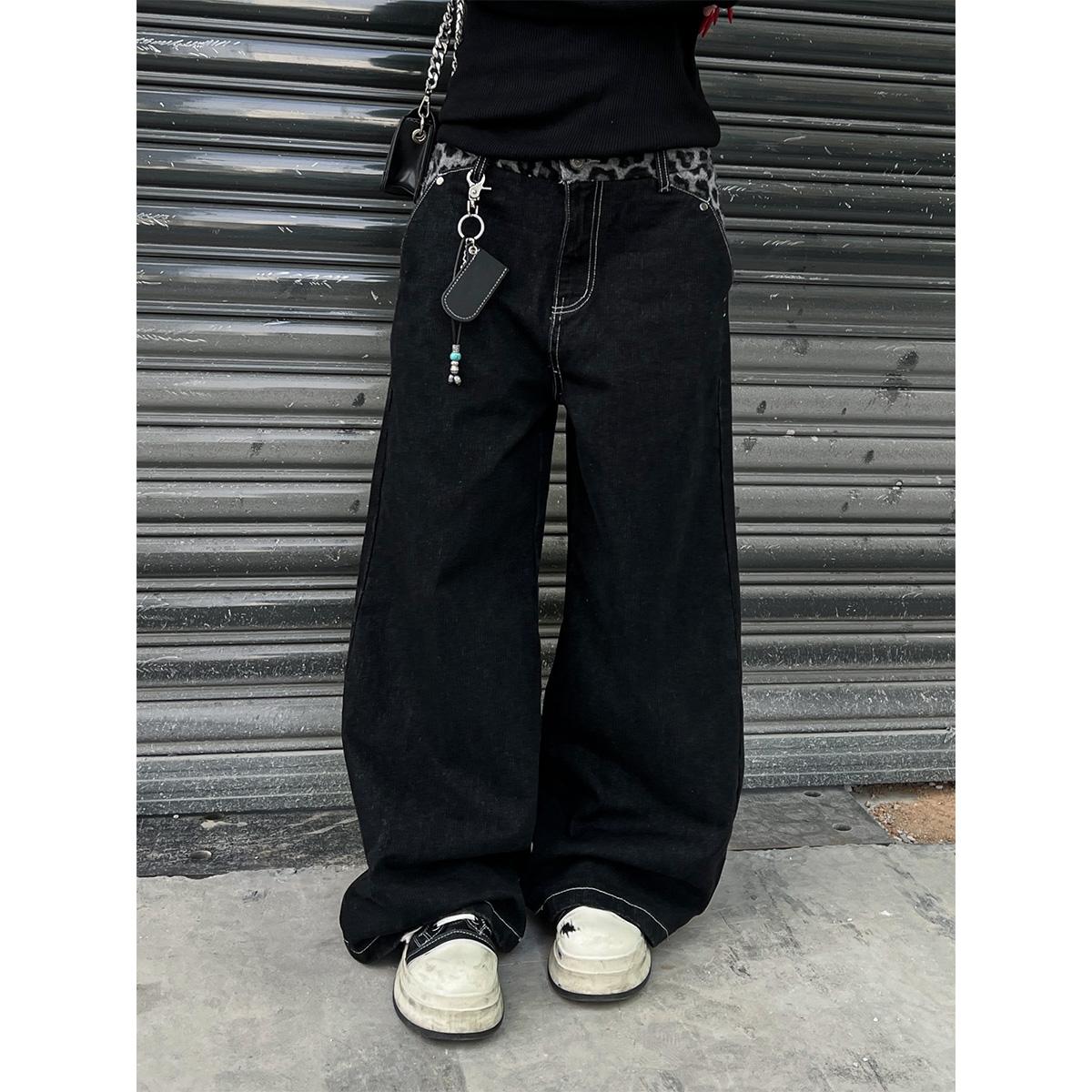 豹纹腰头拼接牛仔裤男女百搭直筒