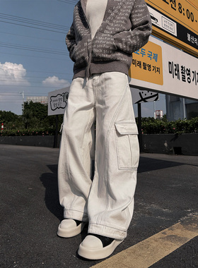 CLOTHESTRADER复古阔腿弯刀牛仔裤男女同款明线设计感显瘦拖地裤