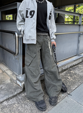 ClothesTrader 复古解构大口袋褶边弯刀裤男宽松阔腿vintage长裤