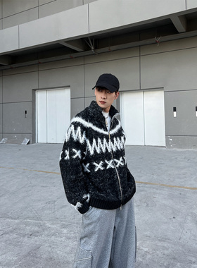 CLOTHESTRADER自制仿马海毛混纺长毛黑色费尔岛毛衣外套开衫男女