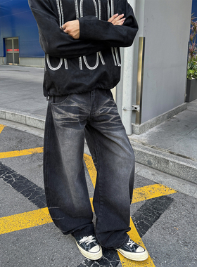 ClothesTrader街头美式复古百搭慵懒水洗弯刀黑色猫须牛仔裤男潮