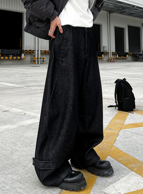 CLOTHESTRADER美式雾面加绒加厚弯刀阔腿裤压褶水洗牛仔裤男女冬