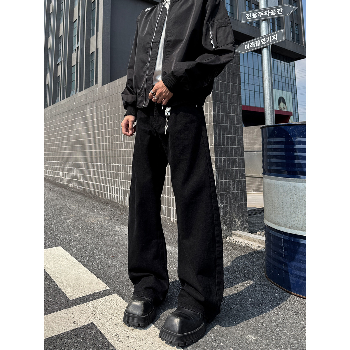 CLOTHES TRADER黑色阔腿牛仔裤男高街宽松直筒垂感复古做旧长裤