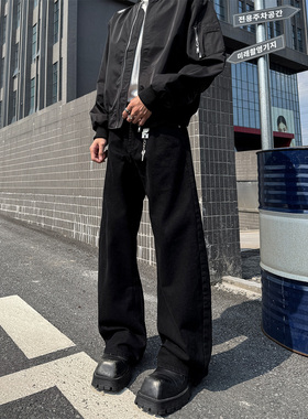 CLOTHES TRADER黑色阔腿牛仔裤男高街宽松直筒垂感复古做旧长裤