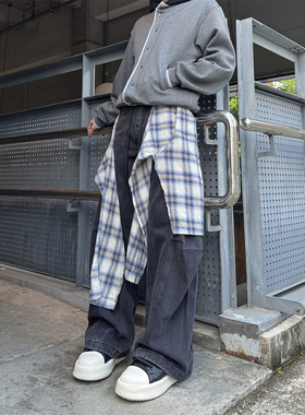 ClothesTrader街头假两件拼接牛仔裤男宽松阔腿衬衫可拆卸直筒裤