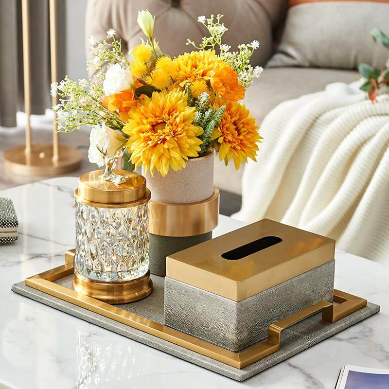 灰色金属皮质纸巾盒花瓶客厅茶几托盘套装北欧轻奢样板间软装搭配,家居饰品,家饰软装搭配套装,淘宝优惠券,粉丝福利购,淘宝优惠卷