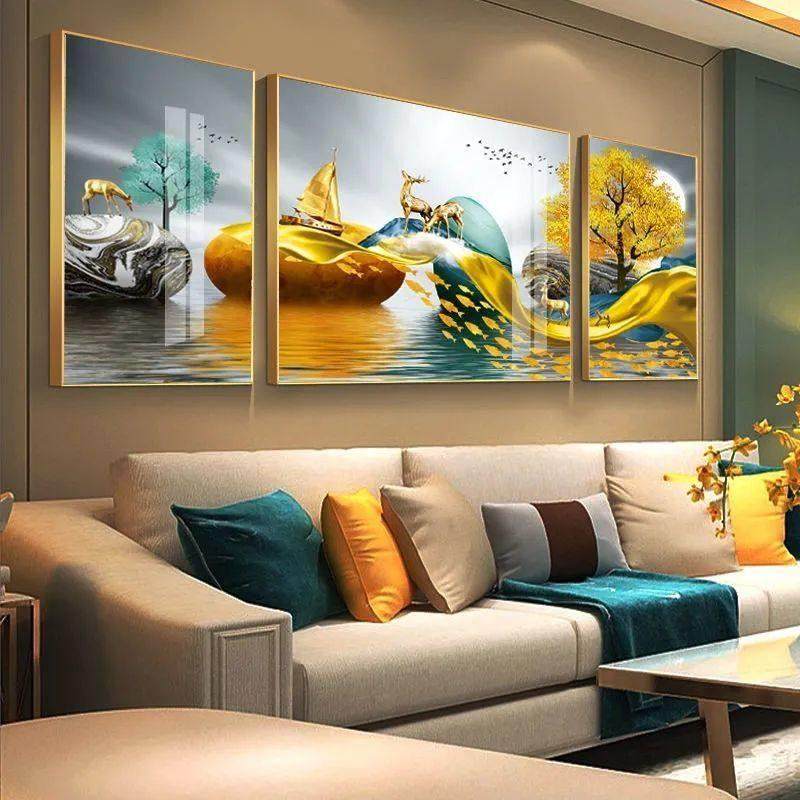 晶瓷镶钻客厅装饰画现代简约沙发背景墙壁北欧轻奢免打孔三联挂画