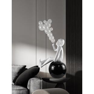 现代卡通大型落地软装吹泡泡人物雕塑摆件玄关大堂样板房艺术装置