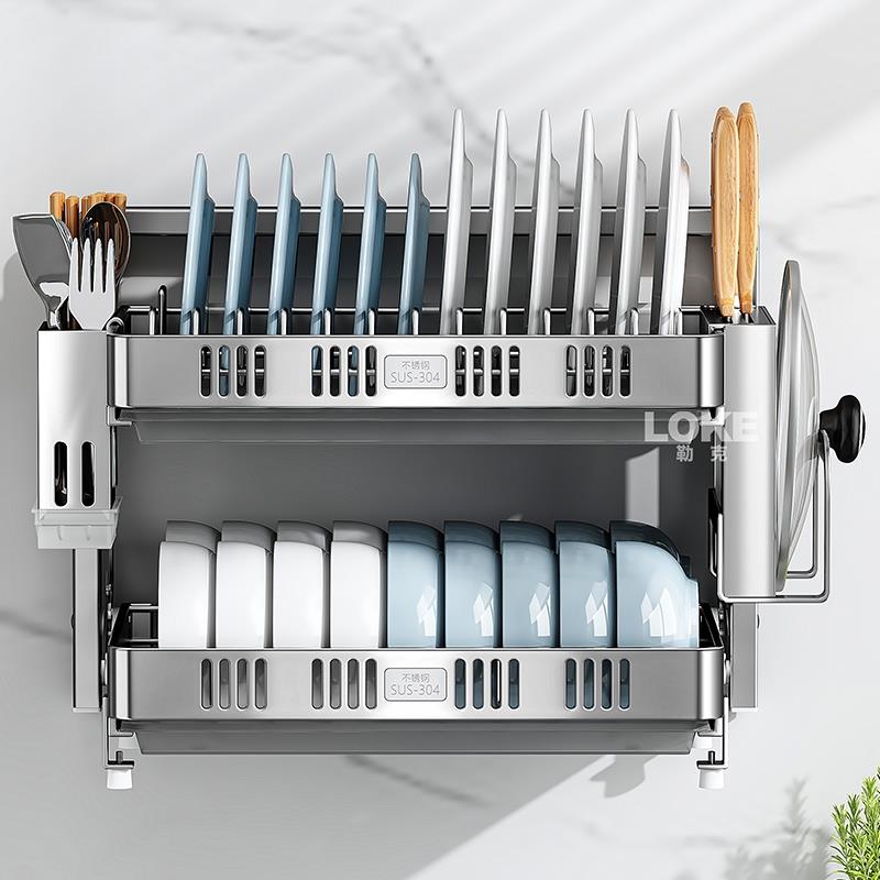 304不锈钢碗架免打孔壁挂式碗碟沥水置物架厨房碗筷碗盘收纳层架
