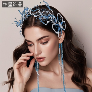 怡星新款 灵动蝴蝶头饰女精致蓝色手工编织立体水晶发箍发饰A301