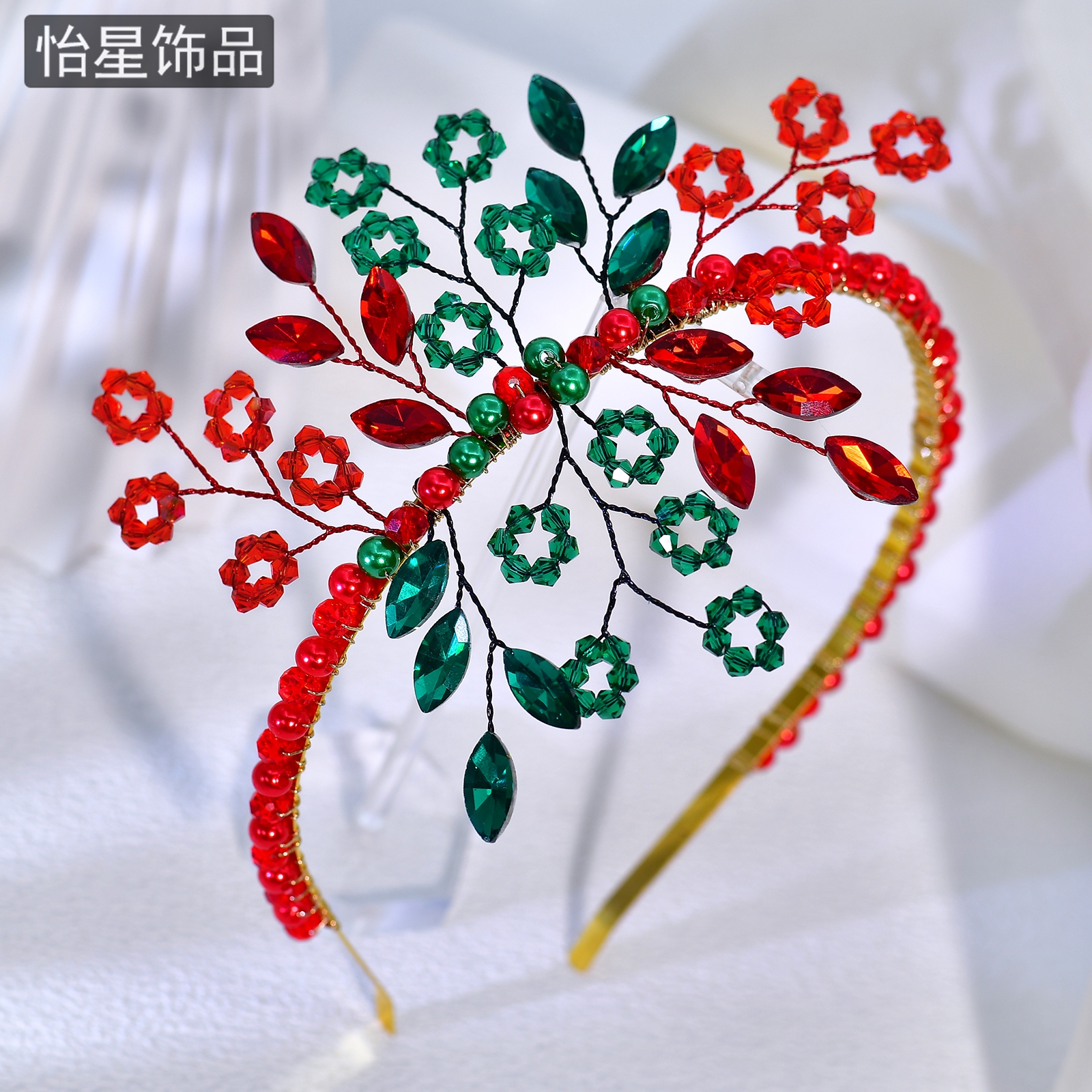 怡星 复古风水钻珍珠红绿发箍圣诞款头箍新娘高级感独特头饰A411