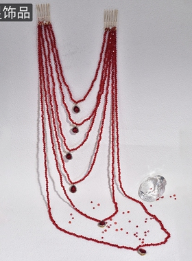 怡星新年红色水晶流苏头饰生日拍照带钻发饰甜美生日发饰链A167
