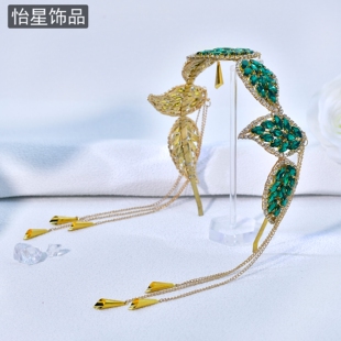 怡星轻奢洋气头饰手工编织水钻流苏发箍绿色树叶配饰造型发饰A365