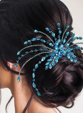 怡星原创爆款水晶蓝色水钻发梳纯手工制作减龄热销款气质插发A269