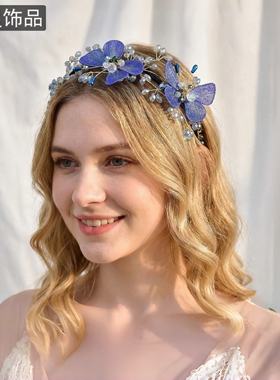 怡星精致蓝色水晶发箍网红蝴蝶手工时尚百搭头饰高级感发饰A413
