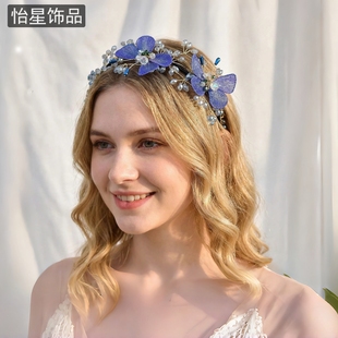 怡星精致蓝色水晶发箍网红蝴蝶手工时尚 百搭头饰高级感发饰A413
