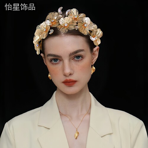 新中式金色合金花朵镶钻发箍