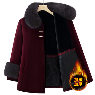 奶奶冬装毛呢外套中老年人女装加绒加厚保暖外套妈妈装毛领大衣