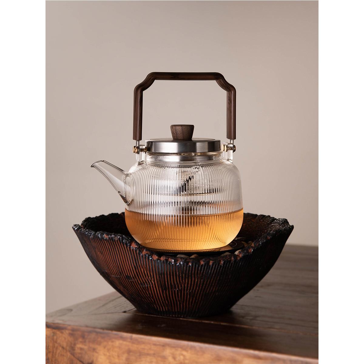 S588可明火炭火提梁煮茶壶 玻璃茶壶 蒸煮两用电陶炉专用煮茶器蒸